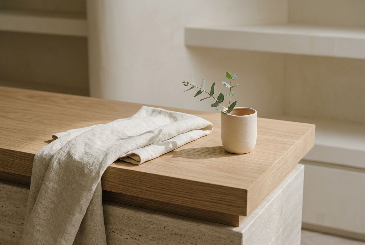 Folded linen and a small ceramic vessel on a timber counter in daylight