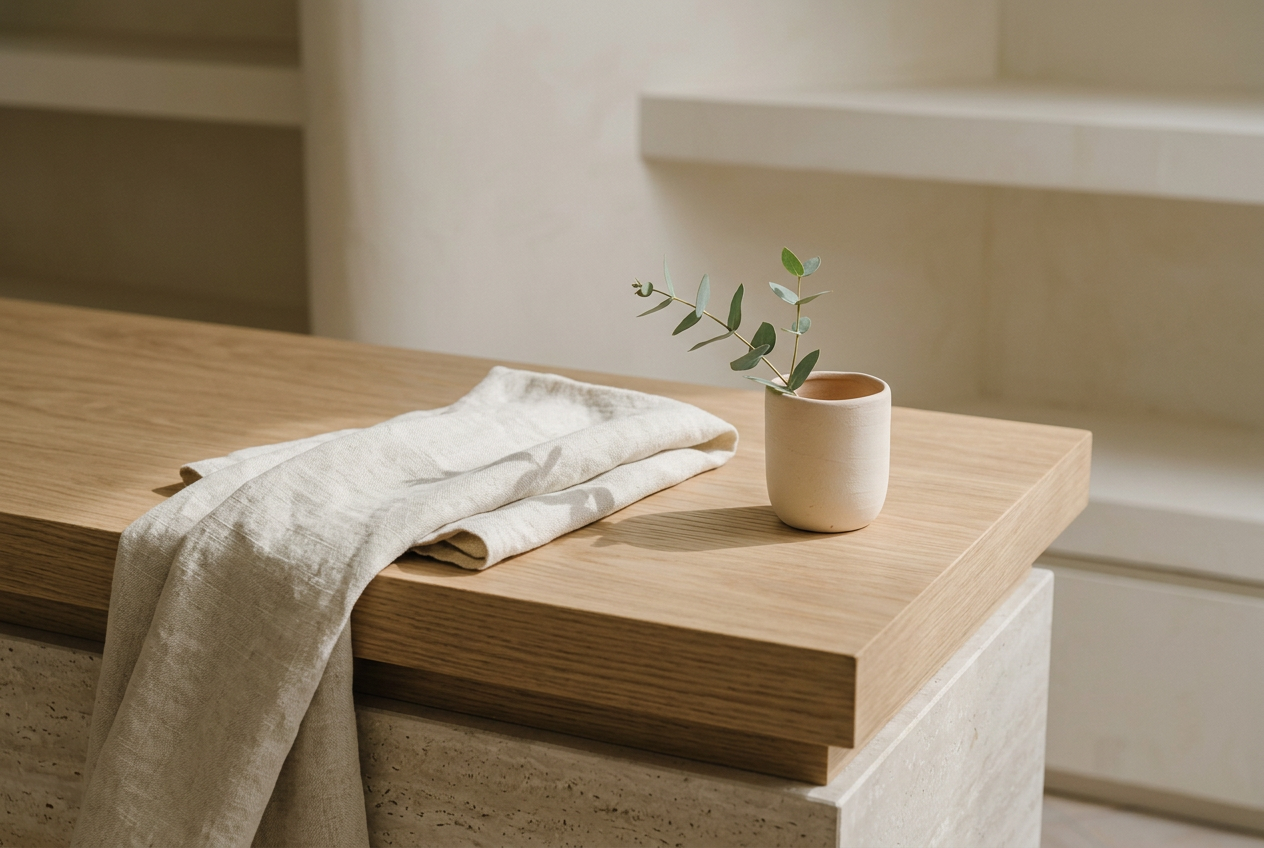Folded linen and a small ceramic vessel on a timber counter in daylight