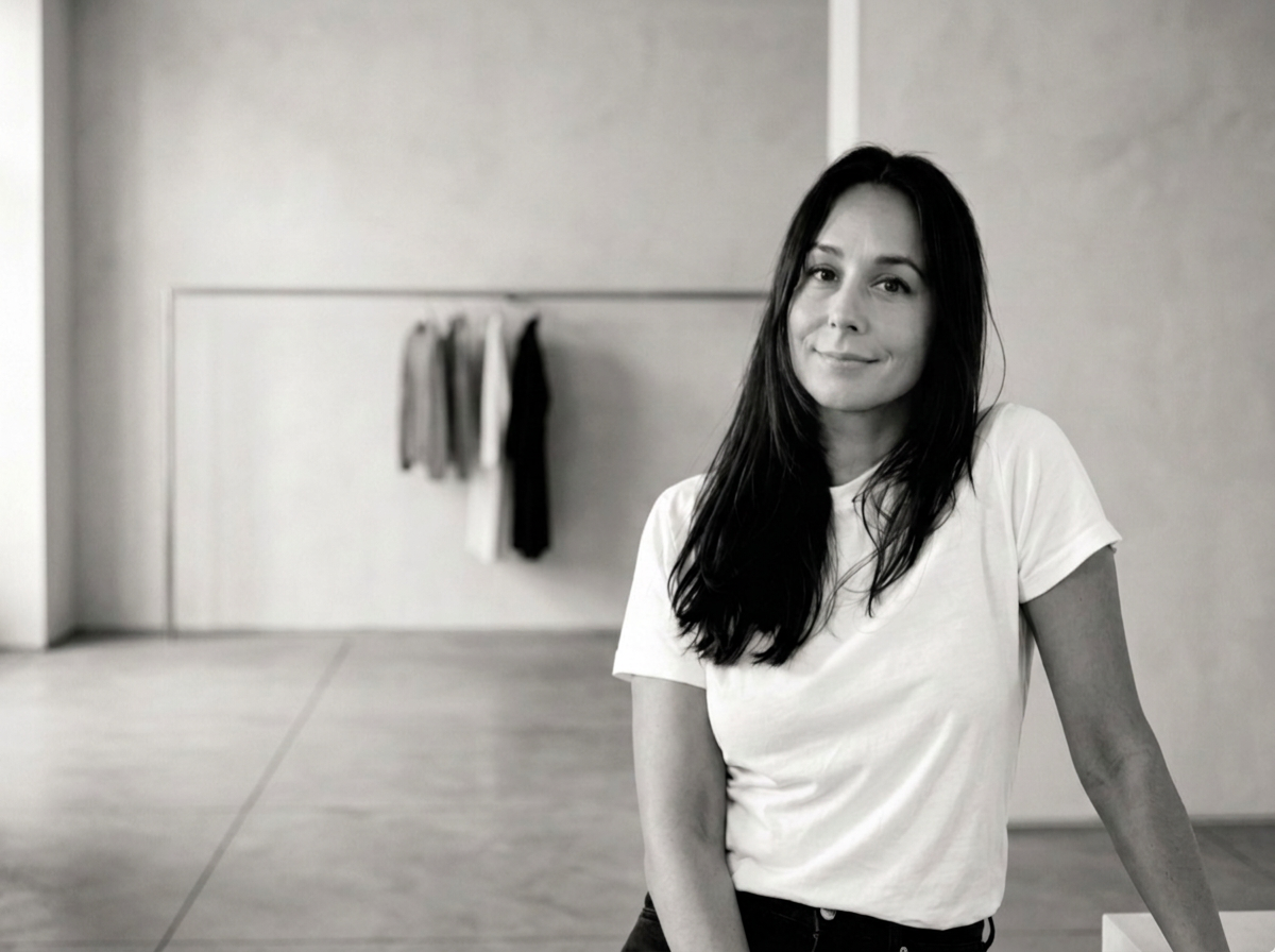 Melanie Hordagoda standing in a quiet, pale-walled flagship interior, black and white