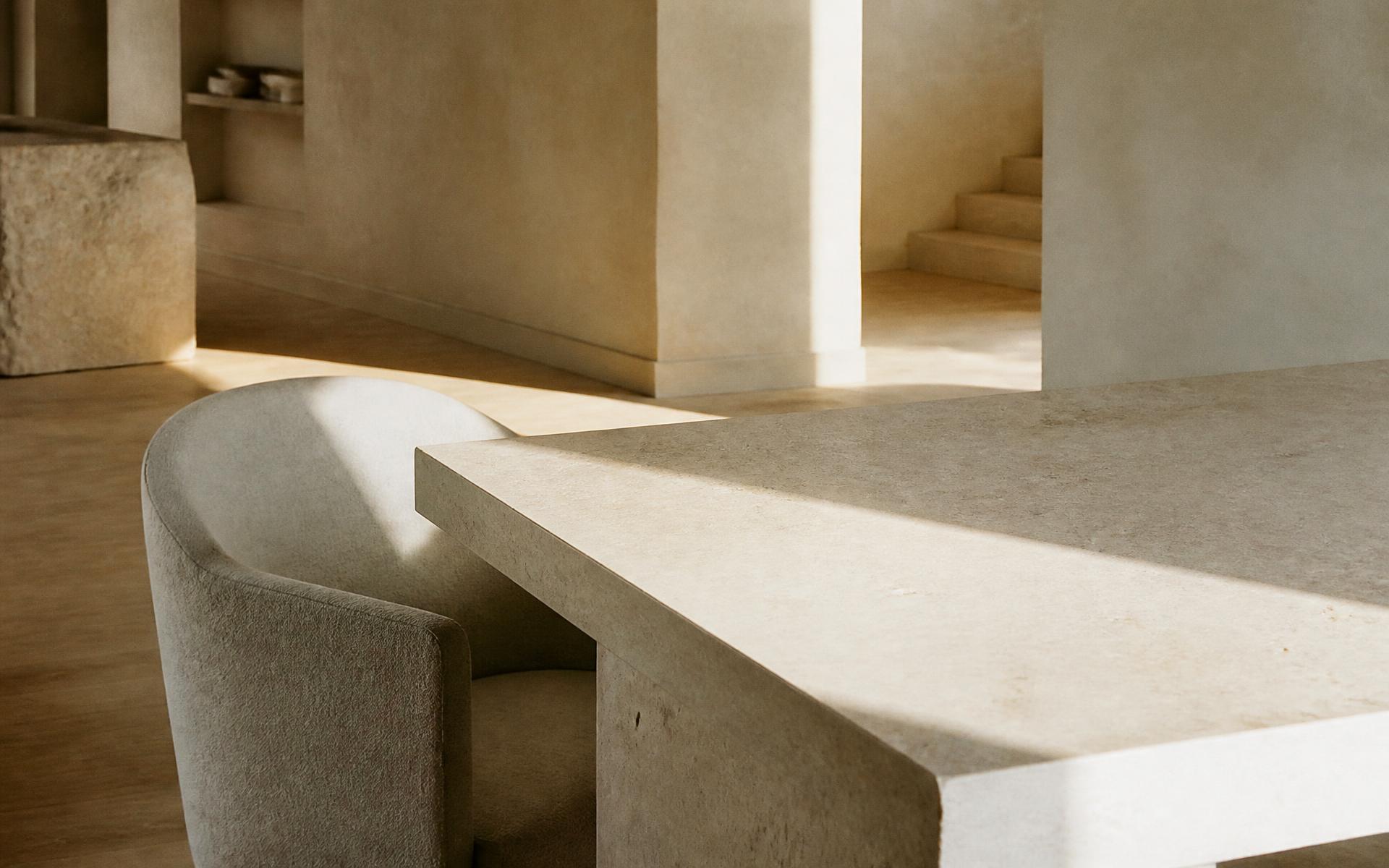Morning daylight and shadow falling across a travertine desk and sculptural chair in a sunlit ivory flagship
